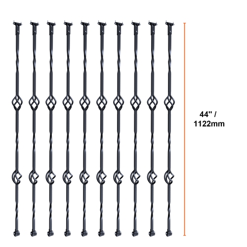 VEVOR 44'' x 1/2" Staircase Metal Balusters, Galvanized Steel Decorative Banister Spindles, 10 Pack Deck Baluster with Hollow Double Baskets, Spiral