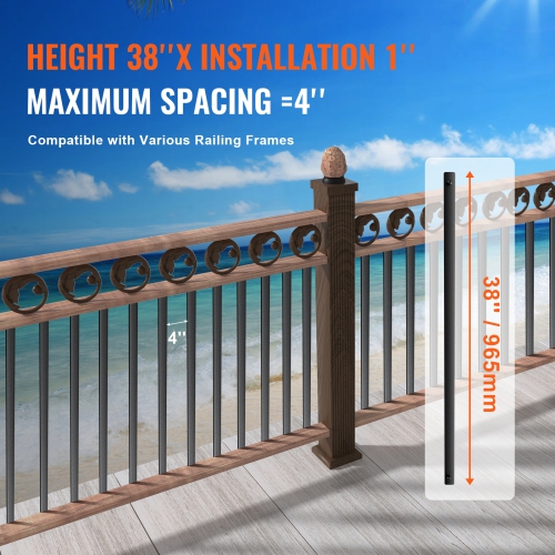 VEVOR 38'' x 1'' Flat Staircase Metal Balusters, Aluminum Alloy Decorative Banister Spindles, 72 Pack Deck Baluster with Screws, Hollow Deck Railing