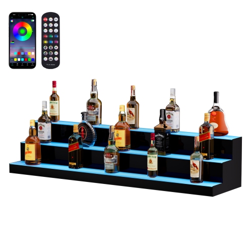 VEVOR 48 Inch 3 Tiers LED Lighted Liquor Bottle Display, Commercial Illuminated Home Bar Shelf, 3 Steps Whiskey Rack Stand, Acrylic Drink Shelves