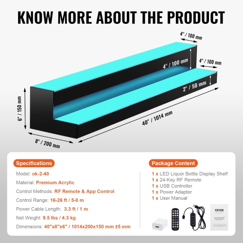 VEVOR 40 Inch 2 Tiers LED Lighted Liquor Bottle Display, Commercial Illuminated Home Bar Shelf, 2 Steps Whiskey Rack Stand, Acrylic Drink Shelves