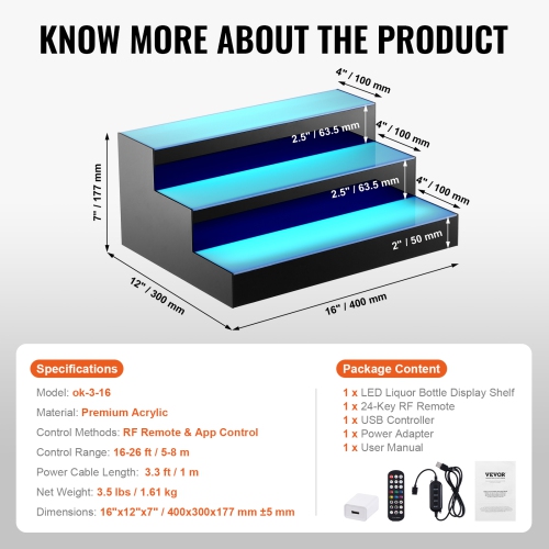 VEVOR 16 Inch 3 Tiers LED Lighted Liquor Bottle Display, Commercial Illuminated Home Bar Shelf, 3 Steps Whiskey Rack Stand, Acrylic Drink Shelves