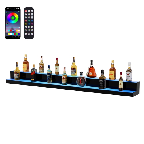 VEVOR 72 Inch 2 Tiers LED Lighted Liquor Bottle Display, Commercial Illuminated Home Bar Shelf, 2 Steps Whiskey Rack Stand, Acrylic Drink Shelves