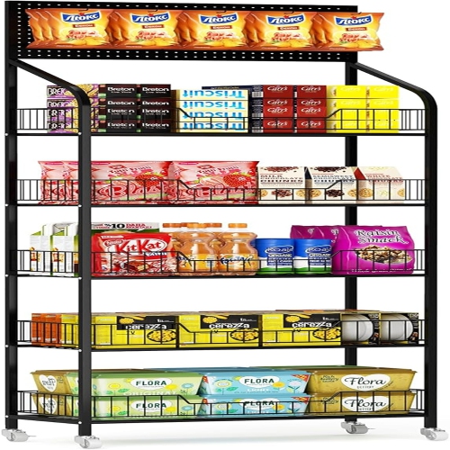 Image 1 of 7.. KUJIBGY 5-Tier Snack Rack with Wheels, Metal Display Shelf for Store & Home
