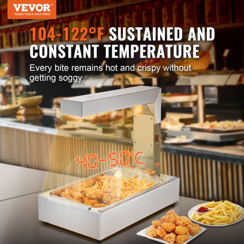 VEVOR 750W French Fry Food Warmer, Commercial Food Heating Lamp, Electric Stainless Steel Warming Light Dump Station, Countertop 104-122°F Fries Food