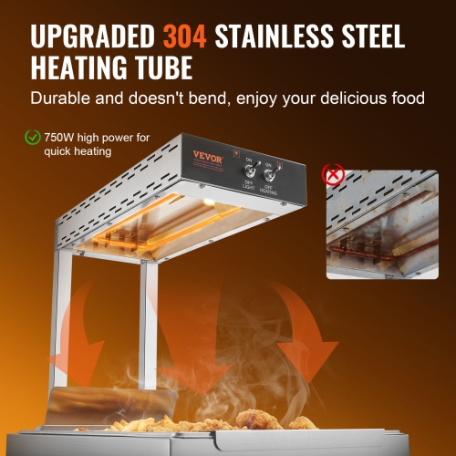 VEVOR 750W French Fry Food Warmer, Commercial Food Heating Lamp, Electric Stainless Steel Warming Light Dump Station, Countertop 104-122°F Fries Food
