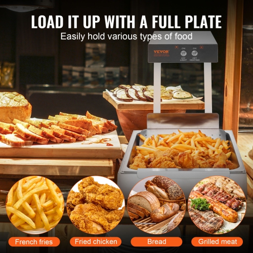 VEVOR 750W French Fry Food Warmer, Commercial Food Heating Lamp, Electric Stainless Steel Warming Light Dump Station, Countertop 104-122°F Fries Food