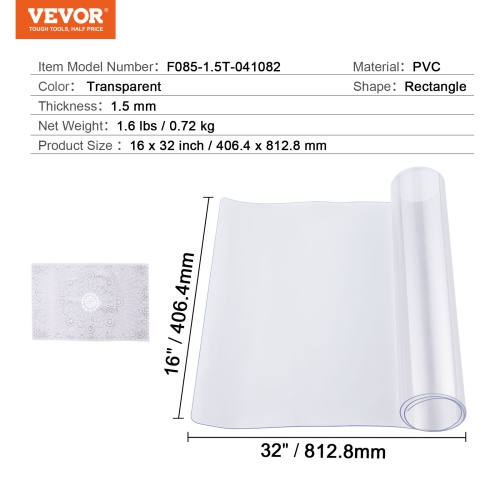 VEVOR 16 x 32 Inch Plastic Table Cover, 1.5 mm Thick Clear Table Protector, Rectangle PVC Desk Mat, Waterproof & Easy Cleaning Desk Pad Tablecloth,