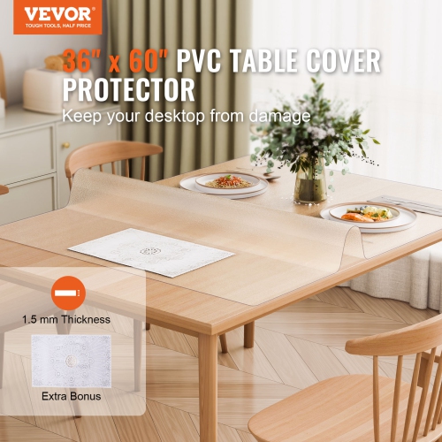 VEVOR 36 x 60 Inch Plastic Table Cover,1.5 mm Thick Frosted Table Protector, Rectangle PVC Desk Mat, Waterproof & Easy Cleaning Desk Pad Tablecloth,