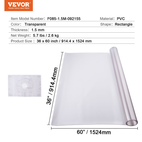 VEVOR 36 x 60 Inch Plastic Table Cover,1.5 mm Thick Frosted Table Protector, Rectangle PVC Desk Mat, Waterproof & Easy Cleaning Desk Pad Tablecloth,