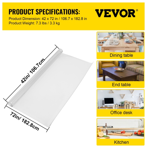 VEVOR 42 x 72 Inch Plastic Table Cover , 1.5 mm Thick Clear Table Protector, Rectangle Clear Desk Mat, Waterproof & Easy Cleaning for Office Dresser