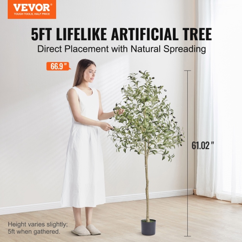 VEVOR 5 FT Artificial Olive Tree, Faux Plant, Secure PE Material & Anti-Tip Tilt Protection Low-Maintenance Plant, Lifelike Green Fake Potted Tree