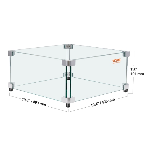 VEVOR 19 x 19 x 7.5 inch Gas Fire Pit Wind Guard for Square Fire Table, Clear Tempered Wind Guard for Firepits, 0.31 inch Thick Square Glass Shield,