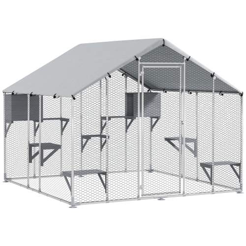 Image 1 of 9.. PawHut 94.5" Extra Large Catio Outdoor Cat Enclosure, Walk In Cat Cage with Waterproof Cover, 2 Resting Boxes, 7 Platforms, Metal Chicken Run Hen