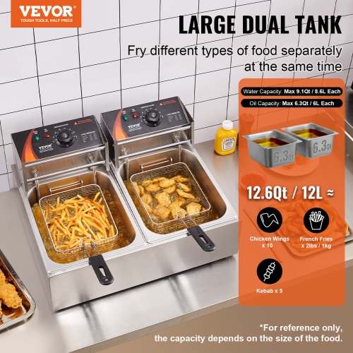 VEVOR 2 x 9.1Qt/8.6L Commercial Deep Fryer, Dual Tank 3000W Electric Countertop Fryer with Basket, Double Stainless Steel Oil Fryer, with Temp