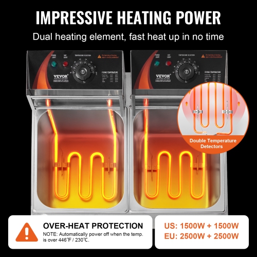 VEVOR 2 x 9.1Qt/8.6L Commercial Deep Fryer, Dual Tank 3000W Electric Countertop Fryer with Basket, Double Stainless Steel Oil Fryer, with Temp