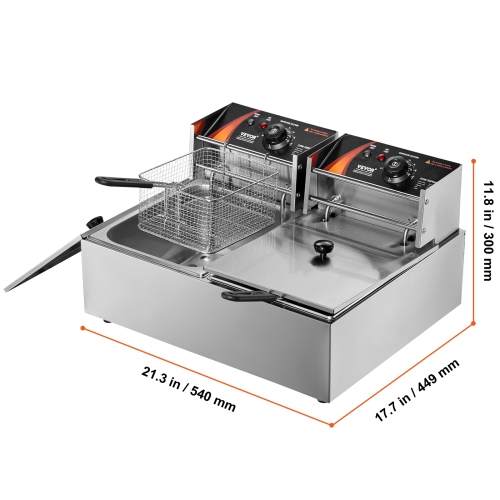 VEVOR 2 x 9.1Qt/8.6L Commercial Deep Fryer, Dual Tank 3000W Electric Countertop Fryer with Basket, Double Stainless Steel Oil Fryer, with Temp
