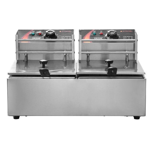VEVOR 2 x 9.1Qt/8.6L Commercial Deep Fryer, Dual Tank 3000W Electric Countertop Fryer with Basket, Double Stainless Steel Oil Fryer, with Temp