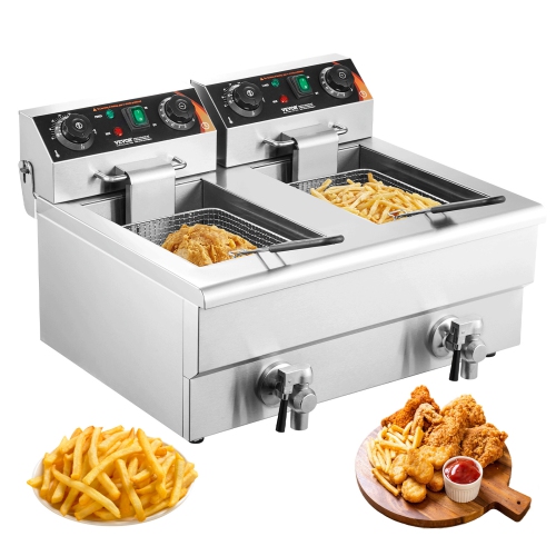 VEVOR 2 x 11.6Qt/11L Commercial Deep Fryer, Dual Tank 3000W Electric Countertop Fryer with Basket, Double Stainless Steel Oil Fryer with Oil