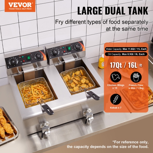VEVOR 2 x 11.6Qt/11L Commercial Deep Fryer, Dual Tank 3000W Electric Countertop Fryer with Basket, Double Stainless Steel Oil Fryer with Oil
