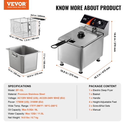 VEVOR 1750W Commercial Deep Fryer, Electric Countertop Fryer with Basket & Height-Adjustable Feet, 12Qt / 11.5L Stainless Steel Single Oil Fryer,