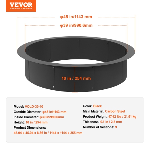 VEVOR 44-Inch Outer/39-Inch Inner Diameter, Fire Pit Ring, 10inch Height 2.5mm Thick Fire Pit Insert, Heavy Duty Carbon Steel Liner DIY Campfire Ring