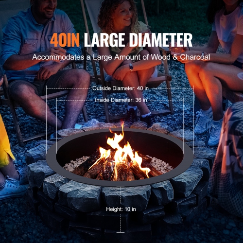 VEVOR 40-Inch Outer/36-Inch Inner Diameter, Fire Pit Ring, 10inch Height 2.5mm Thick Fire Pit Insert, Heavy Duty Carbon Steel Liner DIY Campfire Ring
