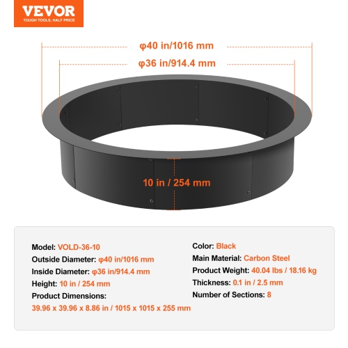VEVOR 40-Inch Outer/36-Inch Inner Diameter, Fire Pit Ring, 10inch Height 2.5mm Thick Fire Pit Insert, Heavy Duty Carbon Steel Liner DIY Campfire Ring
