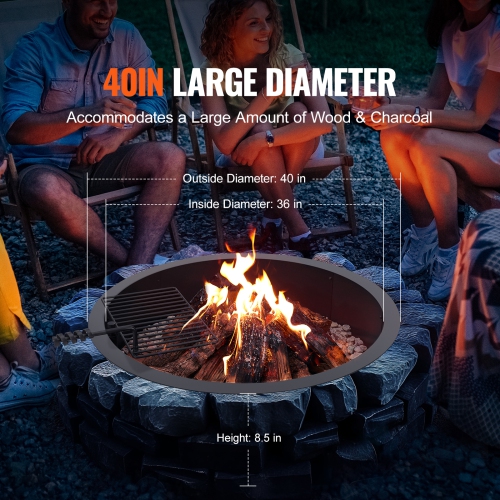 VEVOR 40-In Outer/36-In Inner Diameter, 8.5in Height, Fire Pit Ring, Fire Pit Insert with Barbecue Fire Ring, Carbon Steel Liner DIY Campfire Ring