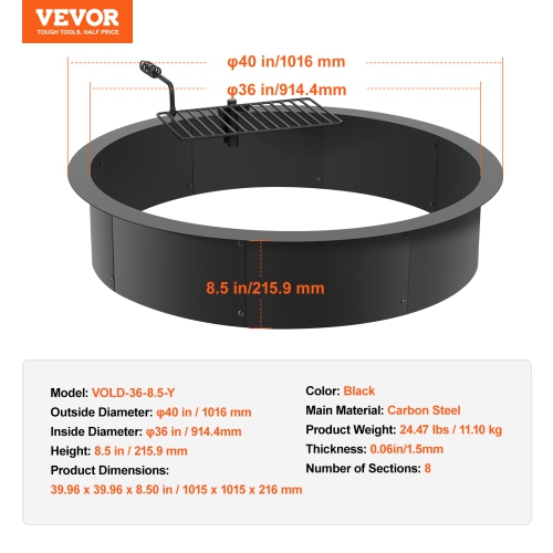VEVOR 40-In Outer/36-In Inner Diameter, 8.5in Height, Fire Pit Ring, Fire Pit Insert with Barbecue Fire Ring, Carbon Steel Liner DIY Campfire Ring