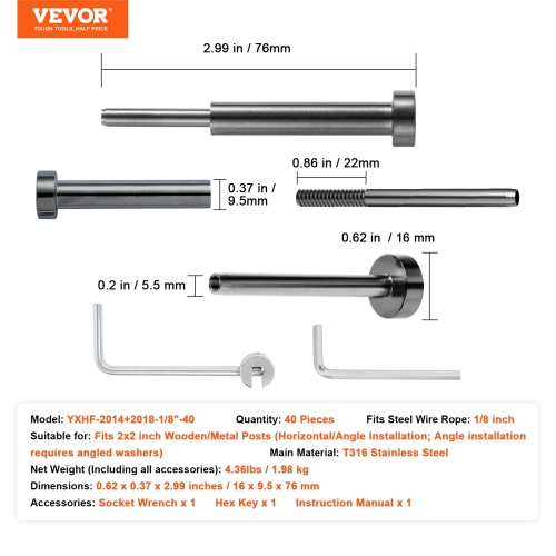 VEVOR T316 Stainless Steel, 40 Pack Invisible Cable Railing kit, 1/8" Invisible Receiver and Swage Stud End for Cable Railing, Swage Tensioner 1/8"