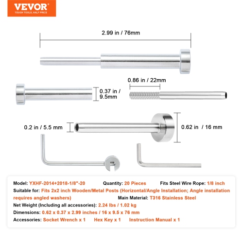 VEVOR T316 Stainless Steel ,20 Pack Invisible Cable Railing kit, 1/8" Invisible Receiver and Swage Stud End for Cable Railing, Swage Tensioner 1/8"