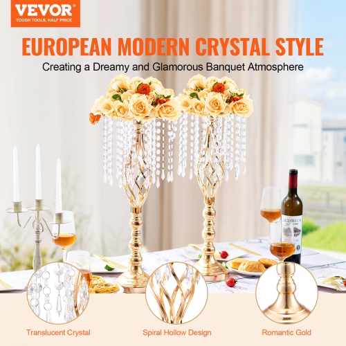 VEVOR 2PCS 55cm/21.65” Tall Crystal Wedding Flower Stand, Metal Wedding Centerpiece Vase, Gold Flower Holders Floral Display Rack for Tables Wedding