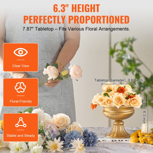 VEVOR 10PCS 16cm/6.3” Tall Wedding Flower Vase, Metal Wedding Centerpiece, Gold Floral Arrangement Stand Display Rack for Tables Wedding Party,