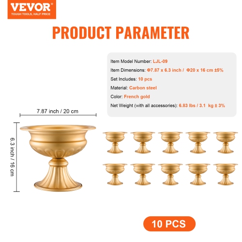 VEVOR 10PCS 16cm/6.3” Tall Wedding Flower Vase, Metal Wedding Centerpiece, Gold Floral Arrangement Stand Display Rack for Tables Wedding Party,