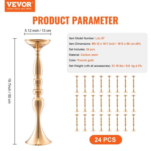 VEVOR 24PCS 50cm/19.7” Tall Wedding Flower Vase, Metal Wedding Centerpiece, Gold Floral Arrangement Stand Display Rack for Tables Wedding