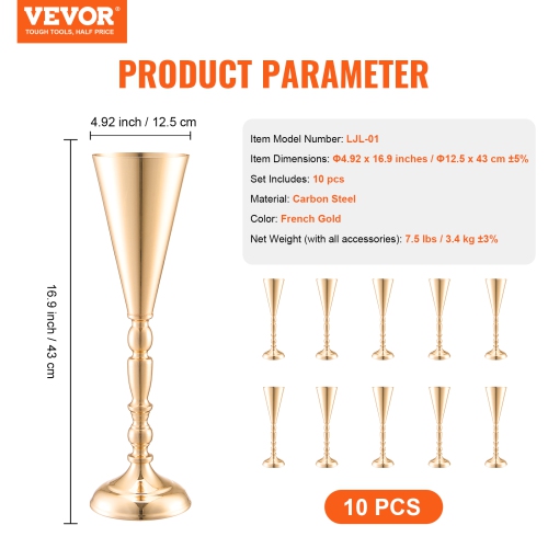 VEVOR 10PCS 43cm/16.9” Tall Wedding Flower Vase, Metal Wedding Trumpet Centerpiece, Gold Floral Stand Display Rack for Tables Wedding Party,