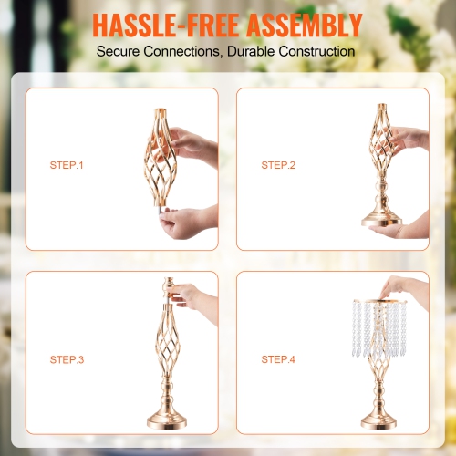 VEVOR 12PCS 49cm/19.3” Tall Crystal Wedding Flower Stand, Metal Wedding Centerpiece Vase, Gold Flower Holders Floral Display Rack for Tables Wedding