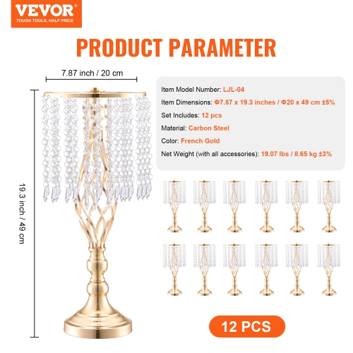 VEVOR 12PCS 49cm/19.3” Tall Crystal Wedding Flower Stand, Metal Wedding Centerpiece Vase, Gold Flower Holders Floral Display Rack for Tables Wedding