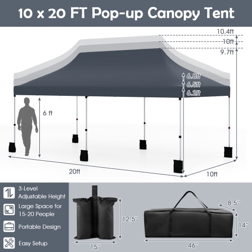 Gymax 10 x 20FT Pop-up Canopy Tent Folding Instant Sun Shelter w/ 3 Adjustable Heights