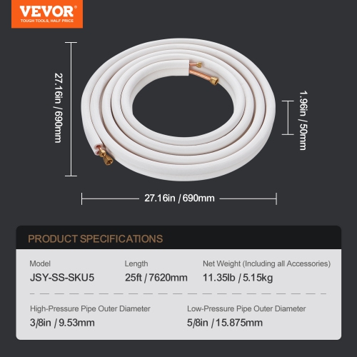VEVOR 25FT Mini Split Line Set, 3/8" & 5/8" O.D Copper Pipes Tubing and Triple-Layer Insulation, for Mini Split Air Conditioning Refrigerant or