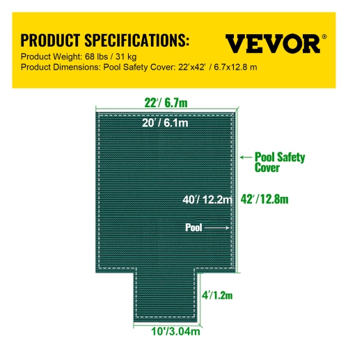 VEVOR 20x40ft Pool Safety Cover Fits Rectangle Inground Pools, Safety Pool Cover with 4x10ft Center End Step, Mesh Solid Pool Cover with Drainage