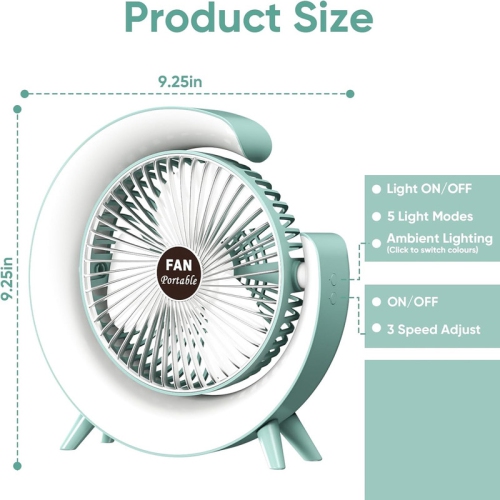 YOULIGHTS 5 inch Desk Fan with LED Light,3 Speeds Portable Table 180° Tilt Fan,USB Rechargeable Battery Powered ,Quiet Cooling Fan for Bedroom Home