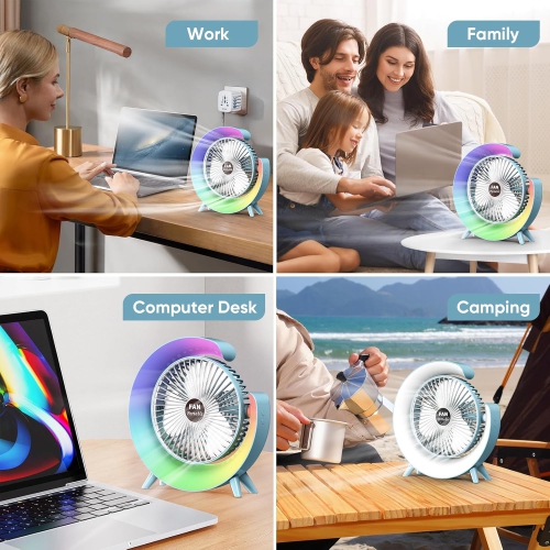 YOULIGHTS 5 inch Desk Fan with LED Light,3 Speeds Portable Table 180° Tilt Fan,USB Rechargeable Battery Powered ,Quiet Cooling Fan for Bedroom Home