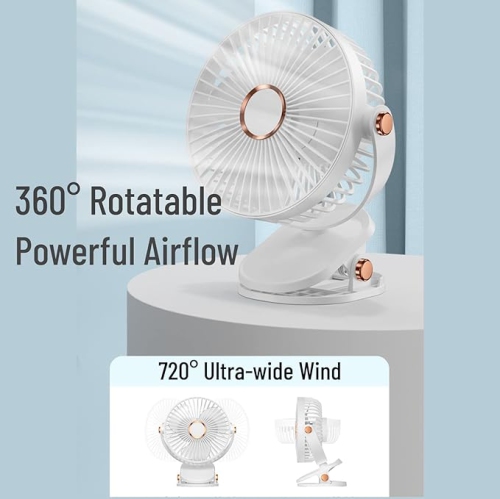 YOULIGHTS  Clip Desk Fan \w Light, USB Rechargeable, 5-Speed ​​airflow, 6-Inch Mini Portable Desktop Silent Fan for Camping Home Travel Indoor
