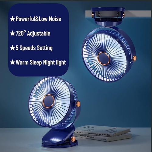 YOULIGHTS Clip Desk Fan with Light, USB Rechargeable, 5-Speed Airflow, 6-Inch Mini Portable Desktop Silent Fan for Camping Home Travel Indoor &