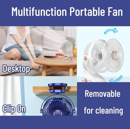 YOULIGHTS Clip Desk Fan with Light, USB Rechargeable, 5-Speed Airflow, 6-Inch Mini Portable Desktop Silent Fan for Camping Home Travel Indoor &