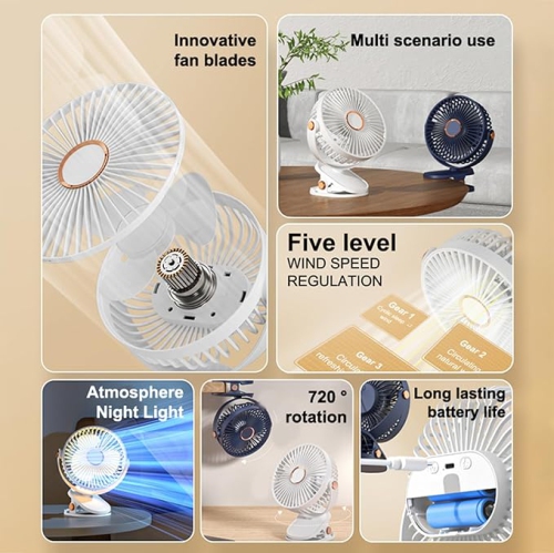 YOULIGHTS Five-Speed 720° Rotation Silent Electric Fan with LED Light Strong Cold Wind Long-Lasting Electric Fan, Portable Clip-On Electric Fan for