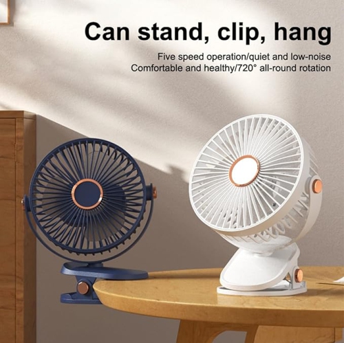 YOULIGHTS Five-Speed 720° Rotation Silent Electric Fan with LED Light Strong Cold Wind Long-Lasting Electric Fan, Portable Clip-On Electric Fan for