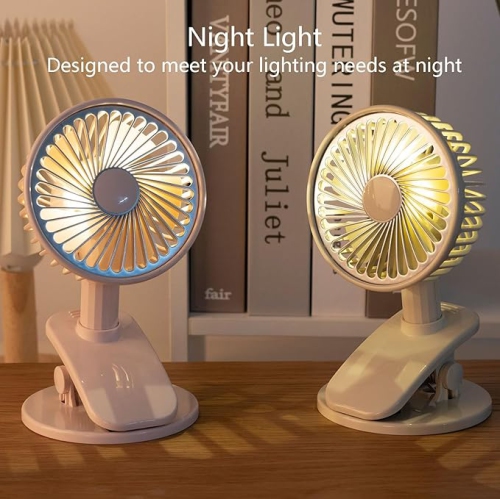 YOULIGHTS Ultra Quiet Small Fan with Sturdy Clamp and Night Light, Portable Table Fan, 3-Speed Powerful Airflow for Office Desktop Travel(White)