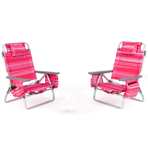 Gymax 2PCS Folding Backpack Beach Chair Table Set 5-Position Outdoor Reclining Chair Hot Pink